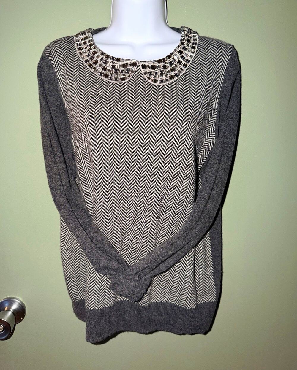 J.CREW Gray Herringbone Bling Beaded Long Sleeve Sweater Size S Holiday